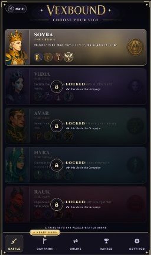 Vexbound faction select screen showing the five vices